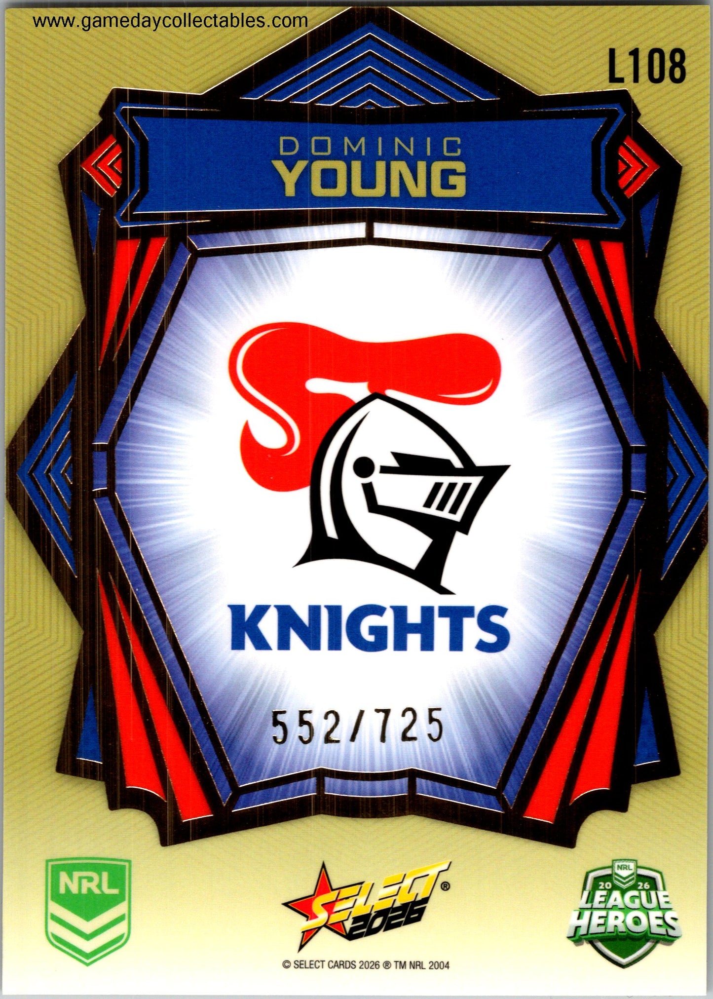 2026 NRL League Heroes Luminous Gold Back - L108 Dominic Young - Newcastle Knights