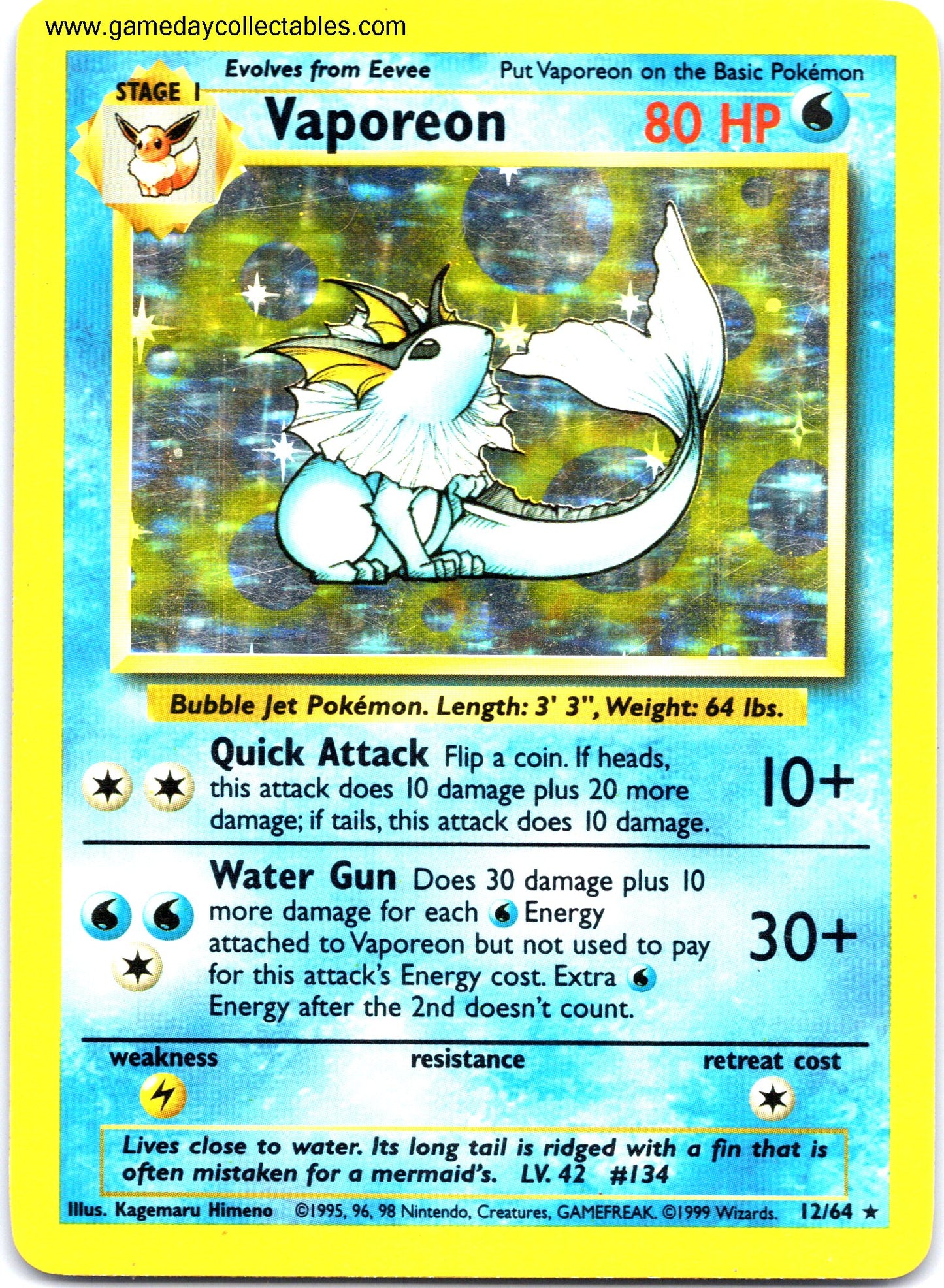 #12 Vaporeon - Jungle - Holo Rare - No Jungle Symbol (Ungraded Near Mint)