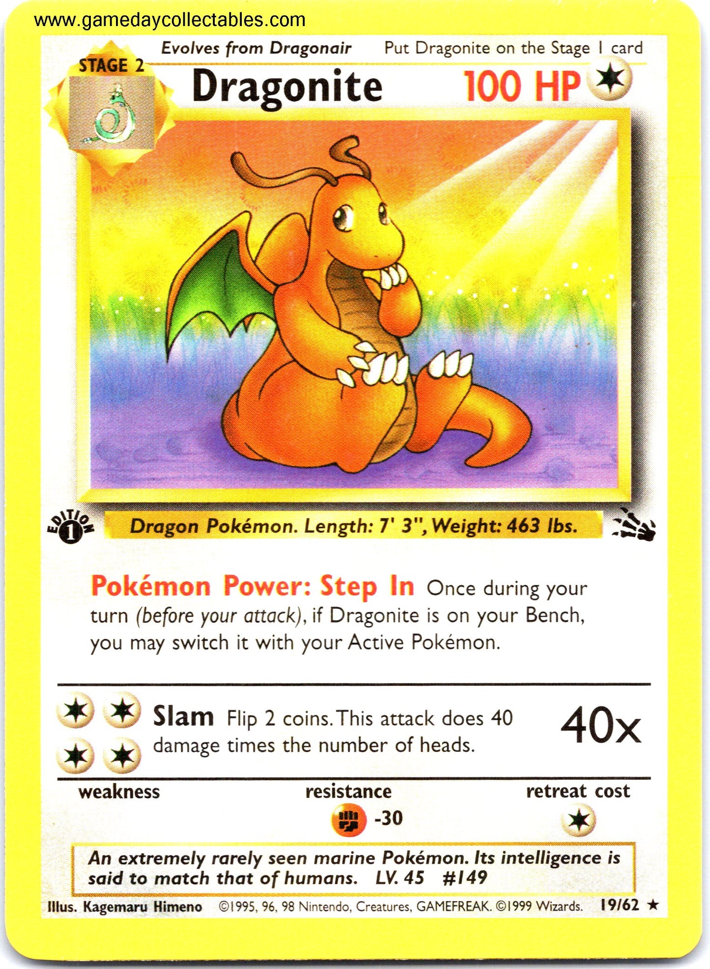 #19 Dragonite - Fossil - 1st Ed Non Holo Rare (Ungraded Near Mint)