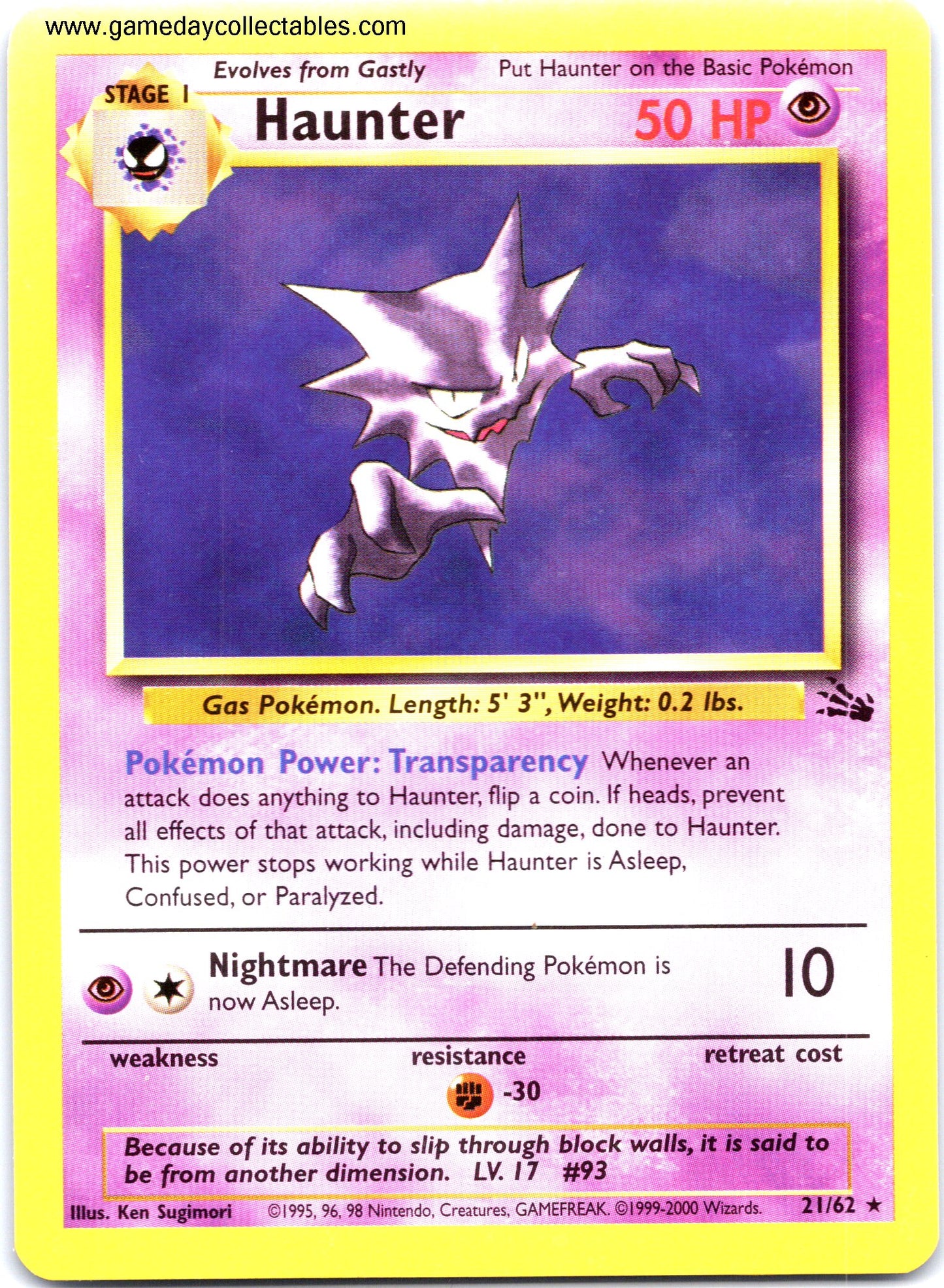 #21 Haunter - Fossil - Non Holo Rare -Australian Print (Ungraded Near Mint)