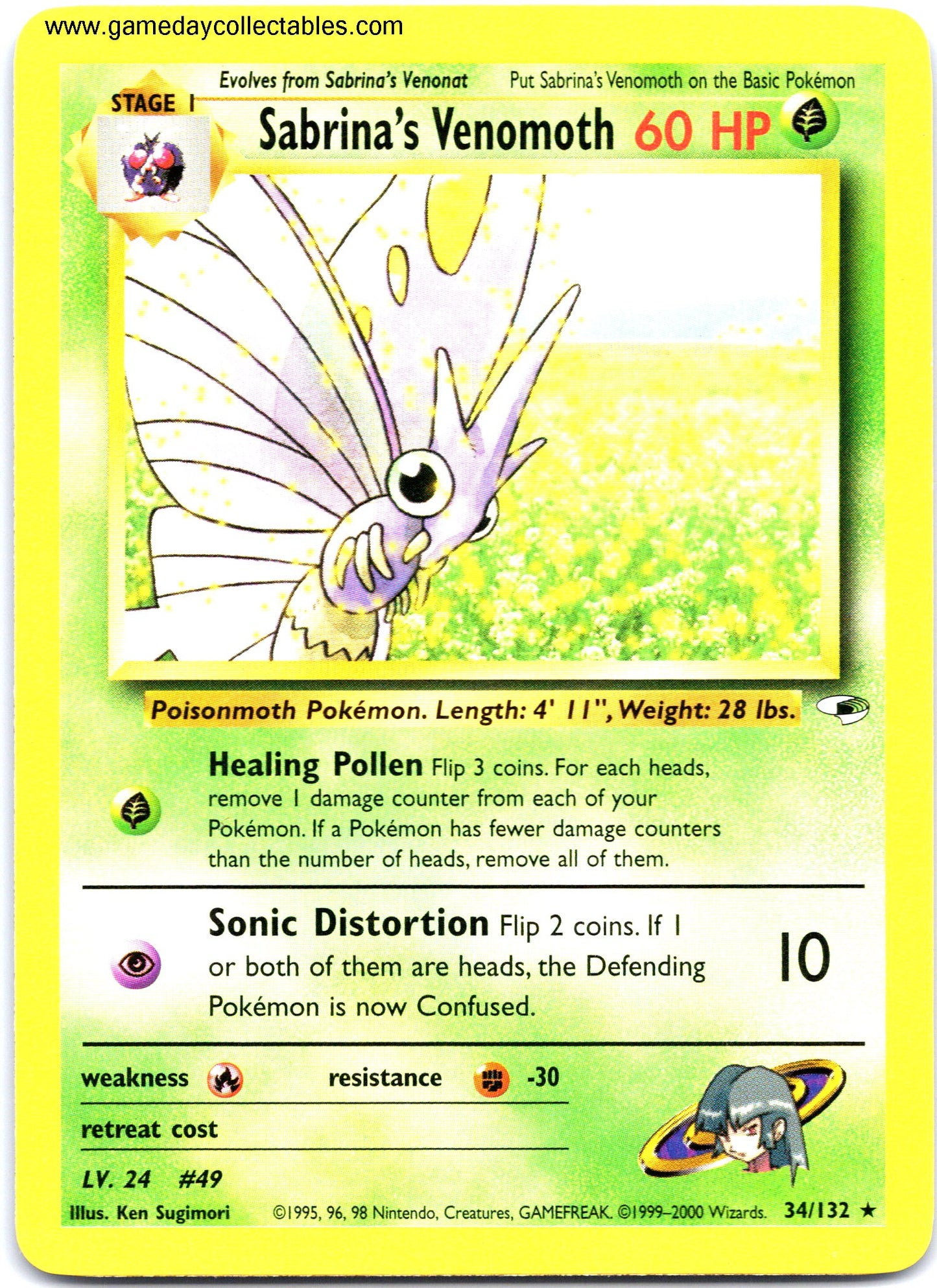 #034 Sabrina's Venomoth - Gym Heroes - Non Holo Rare (Ungraded Near Mint)