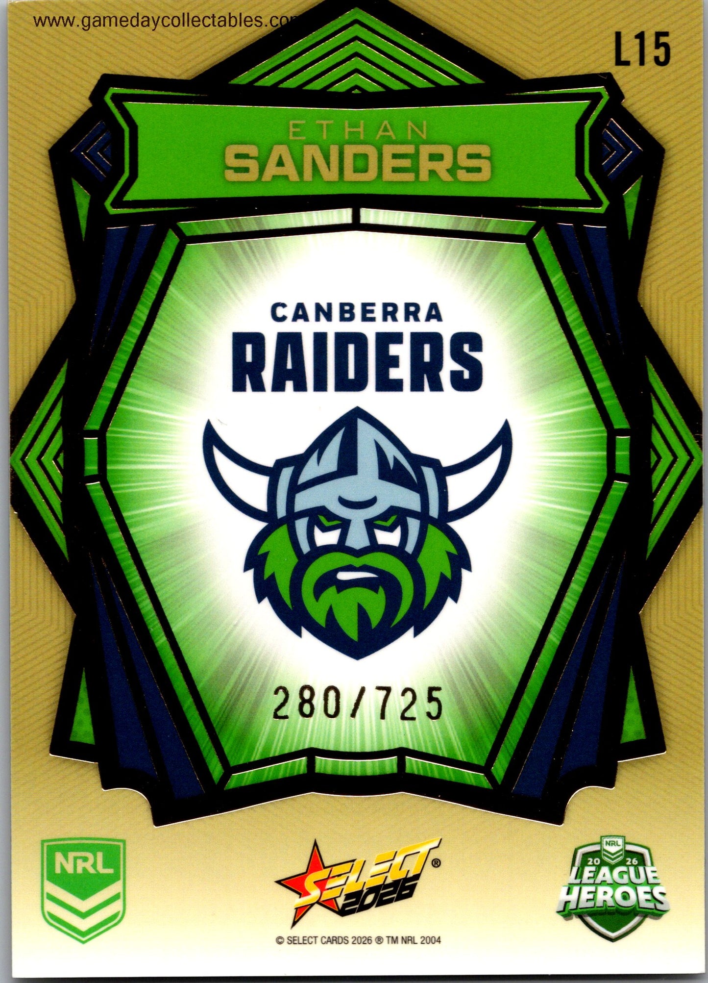 2026 NRL League Heroes Luminous Gold Back - L015 Ethan Sanders - Canberra Raiders