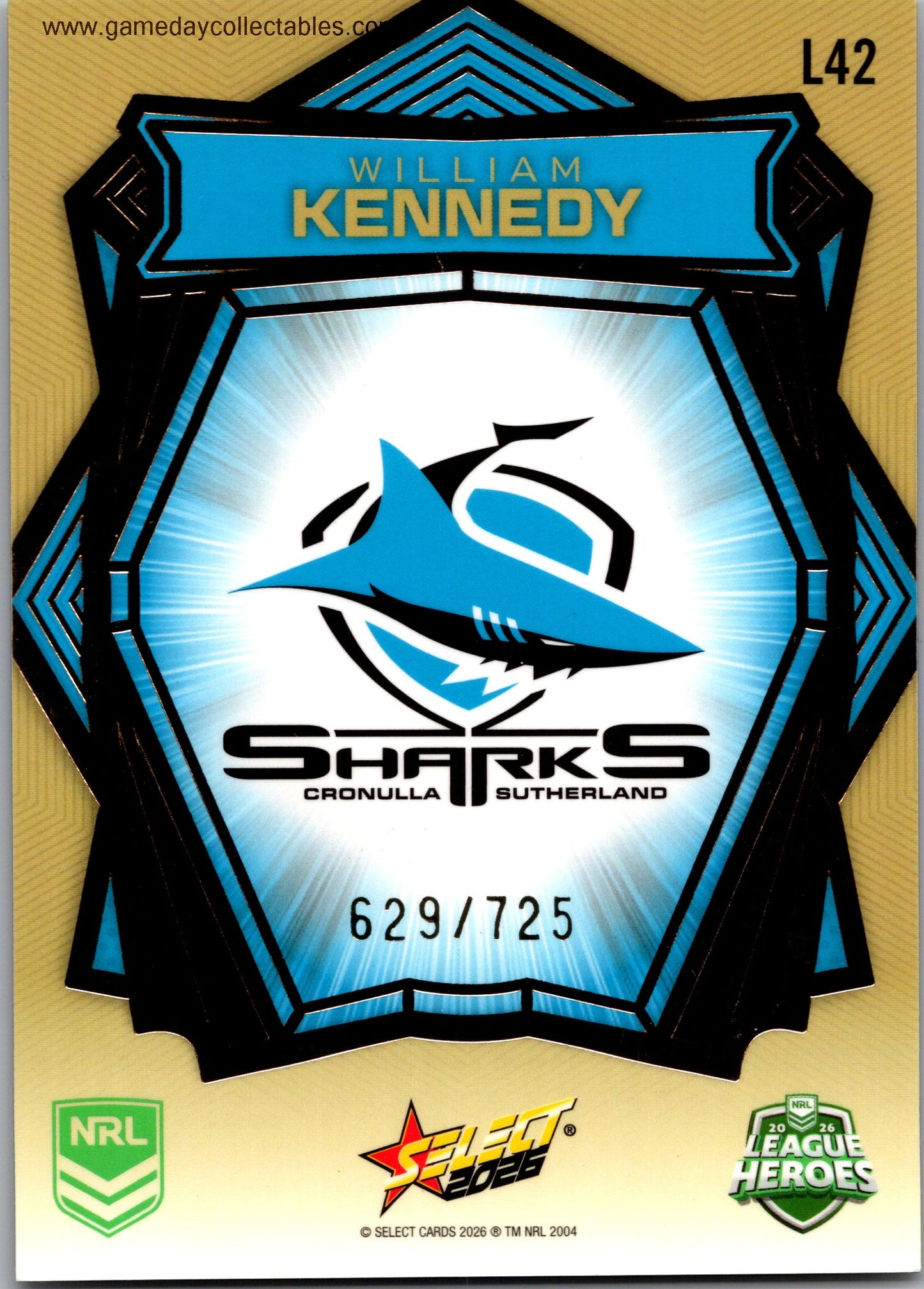 2026 NRL League Heroes Luminous Gold Back - L042 William Kennedy - Cronulla Sharks