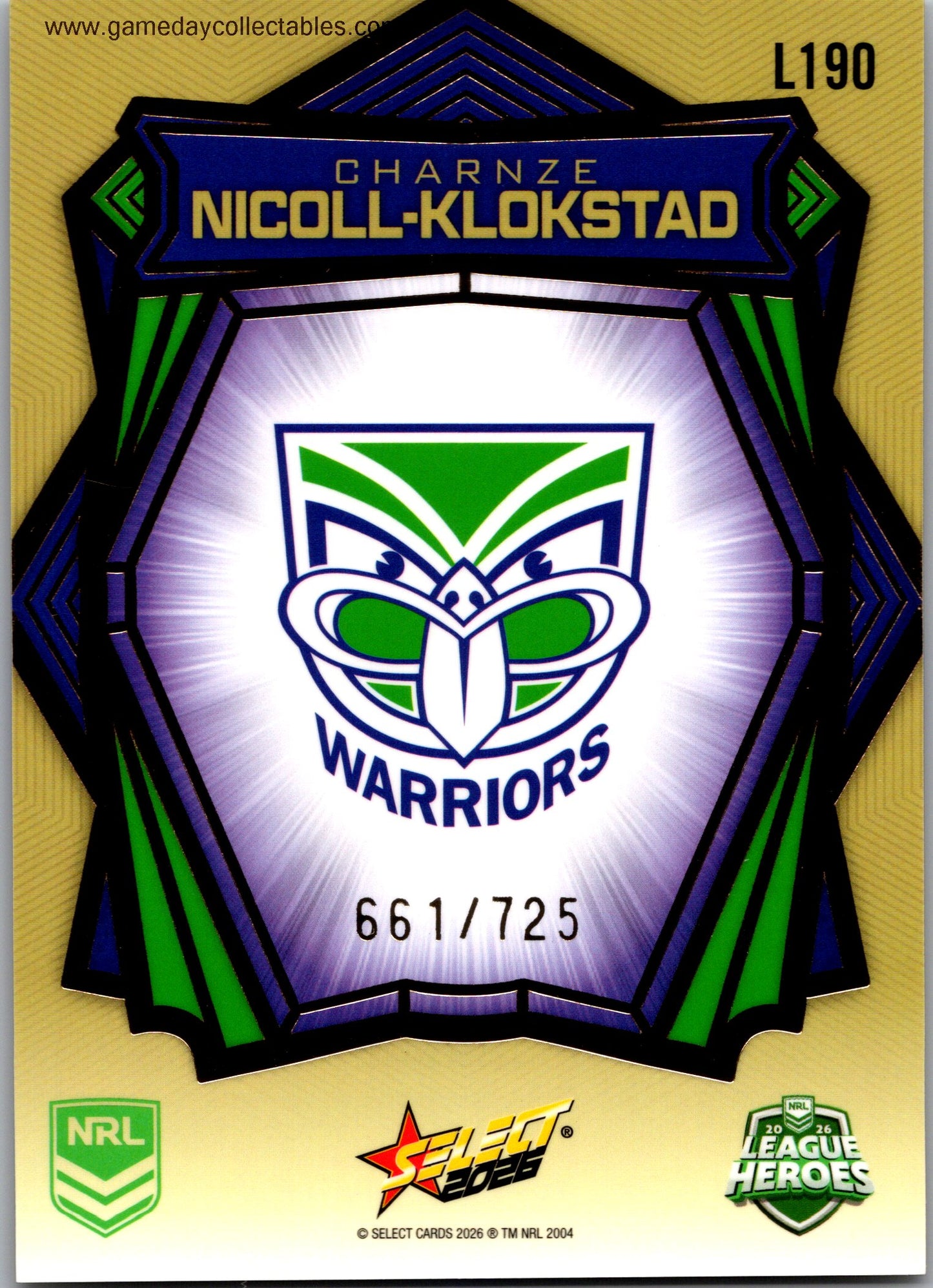 2026 NRL League Heroes Luminous Gold Back - L190 Charnze Nicoll-Klokstad - Warriors
