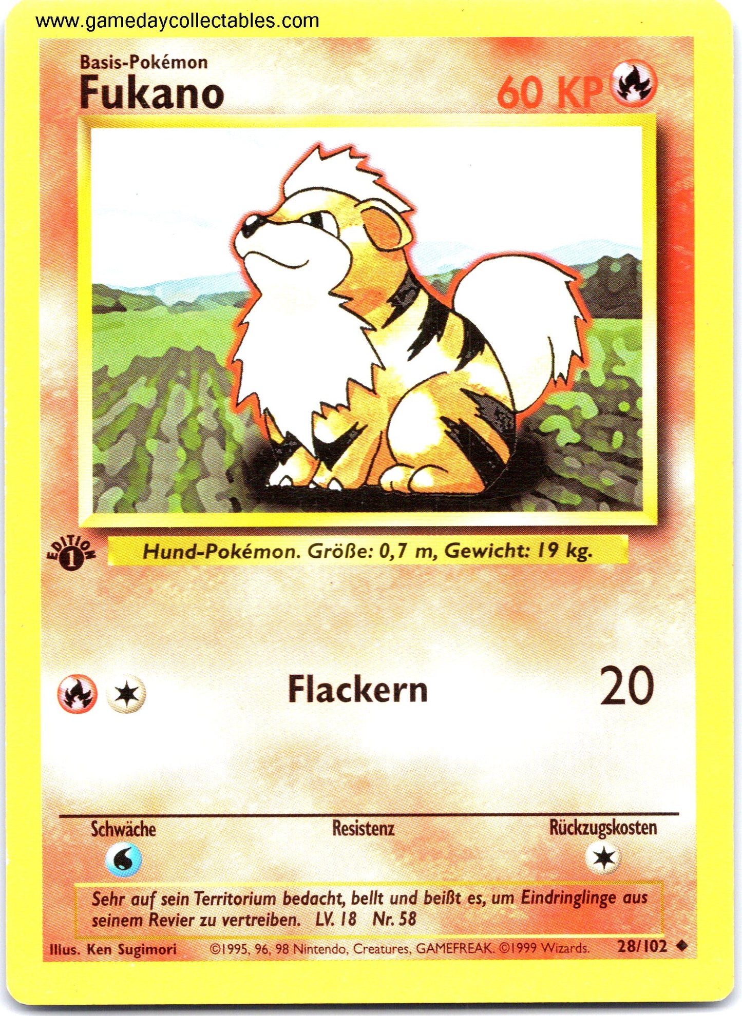 #028/102 Fukano (Growlithe) - Base Set (German) - 1st Ed Uncommon (Ungraded Near Mint)