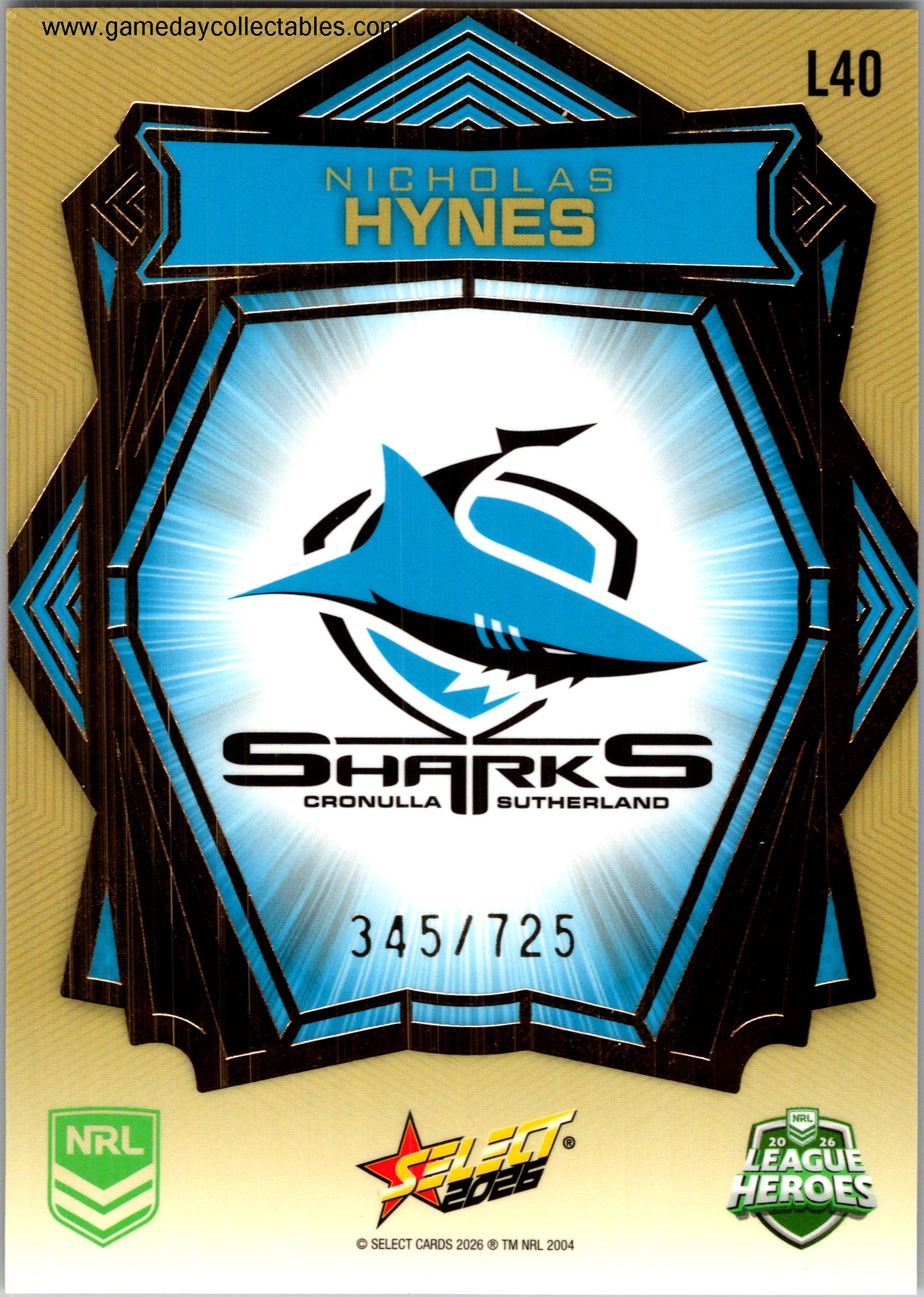2026 NRL League Heroes Luminous Gold Back - L040 Nicholas Hynes - Cronulla Sharks