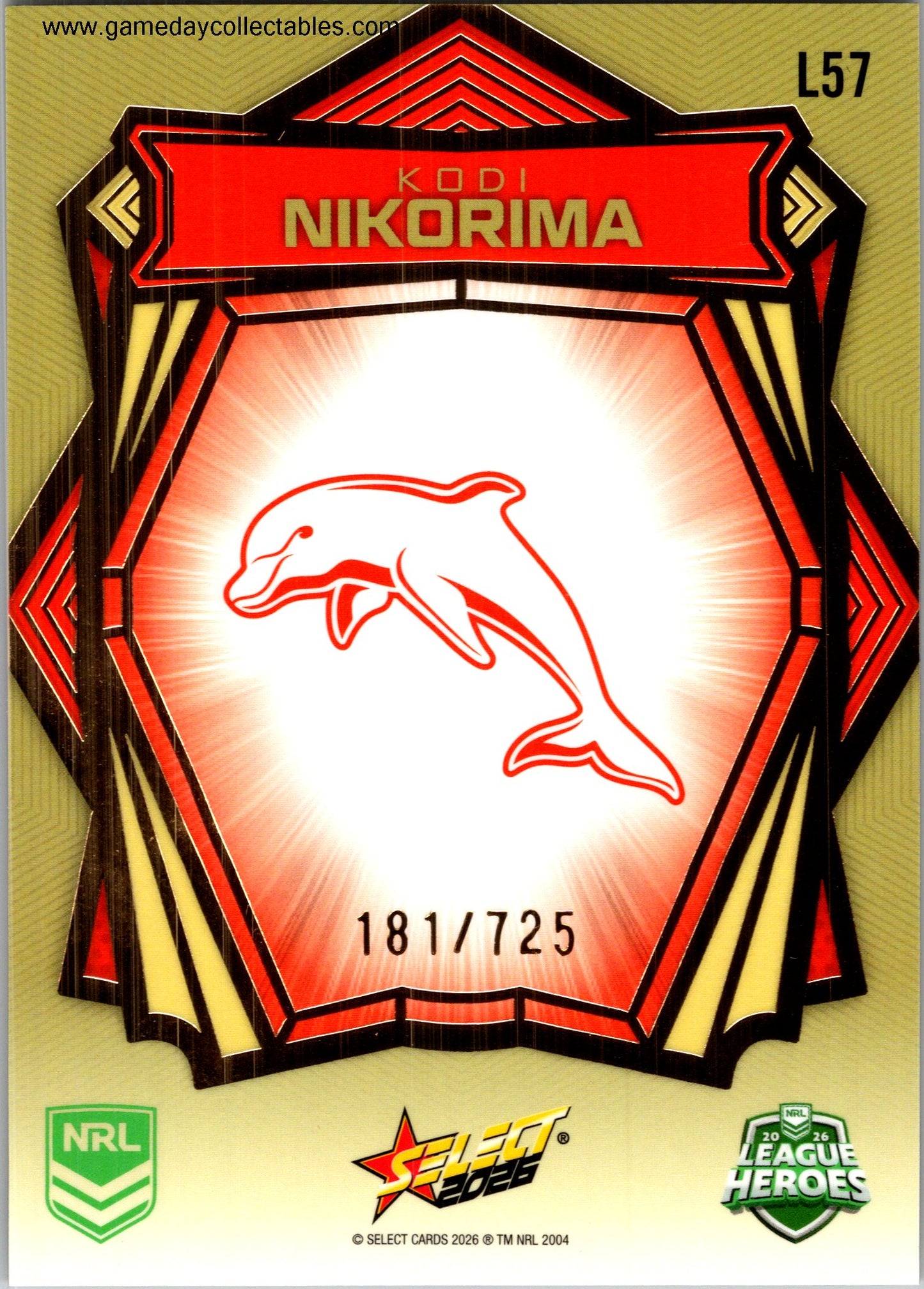 2026 NRL League Heroes Luminous Gold Back - L057 Kodi Nikorima - Dolphins
