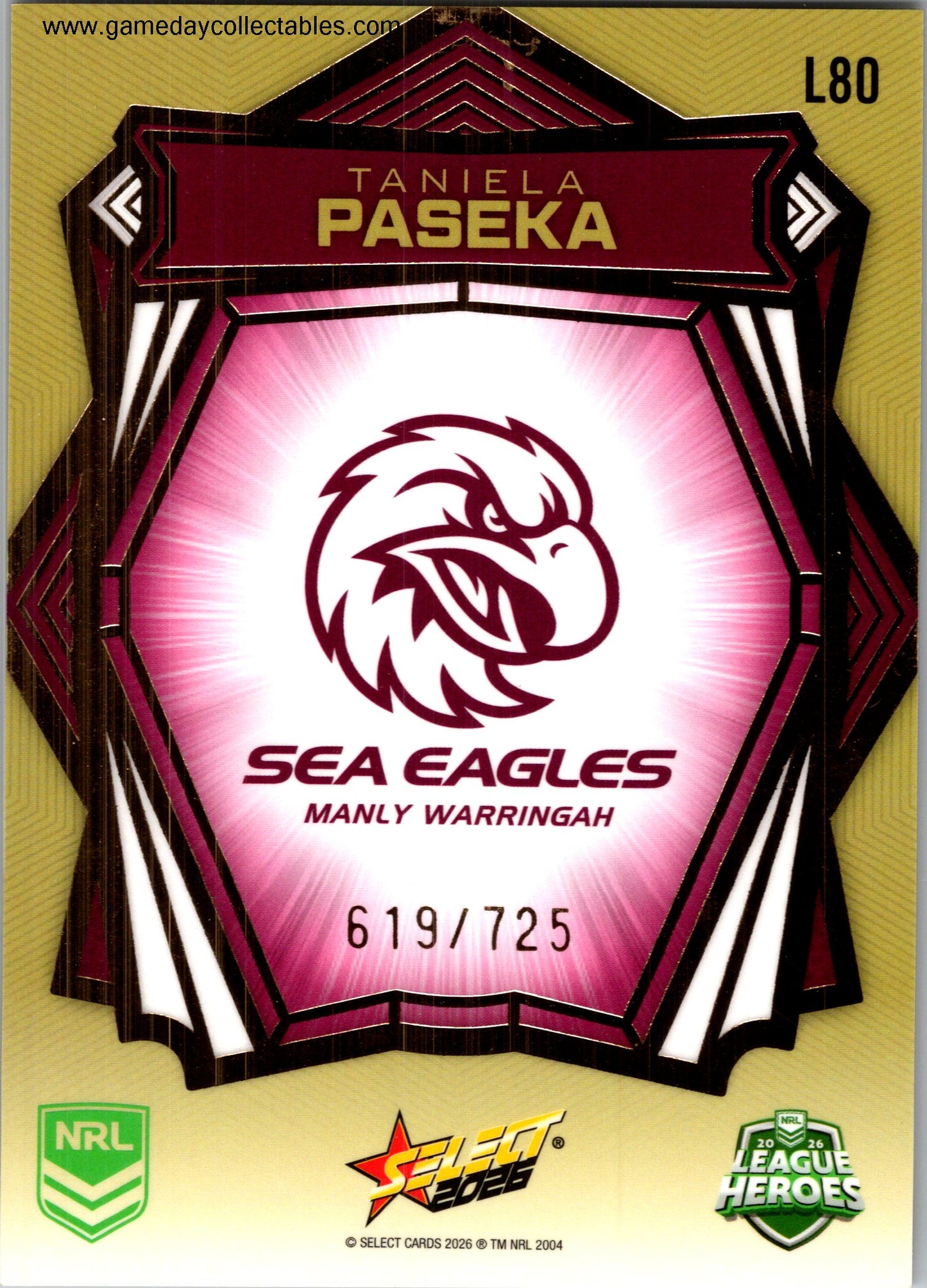 2026 NRL League Heroes Luminous Gold Back - L080 Taniela Paseka - Manly Warringah Sea Eagles