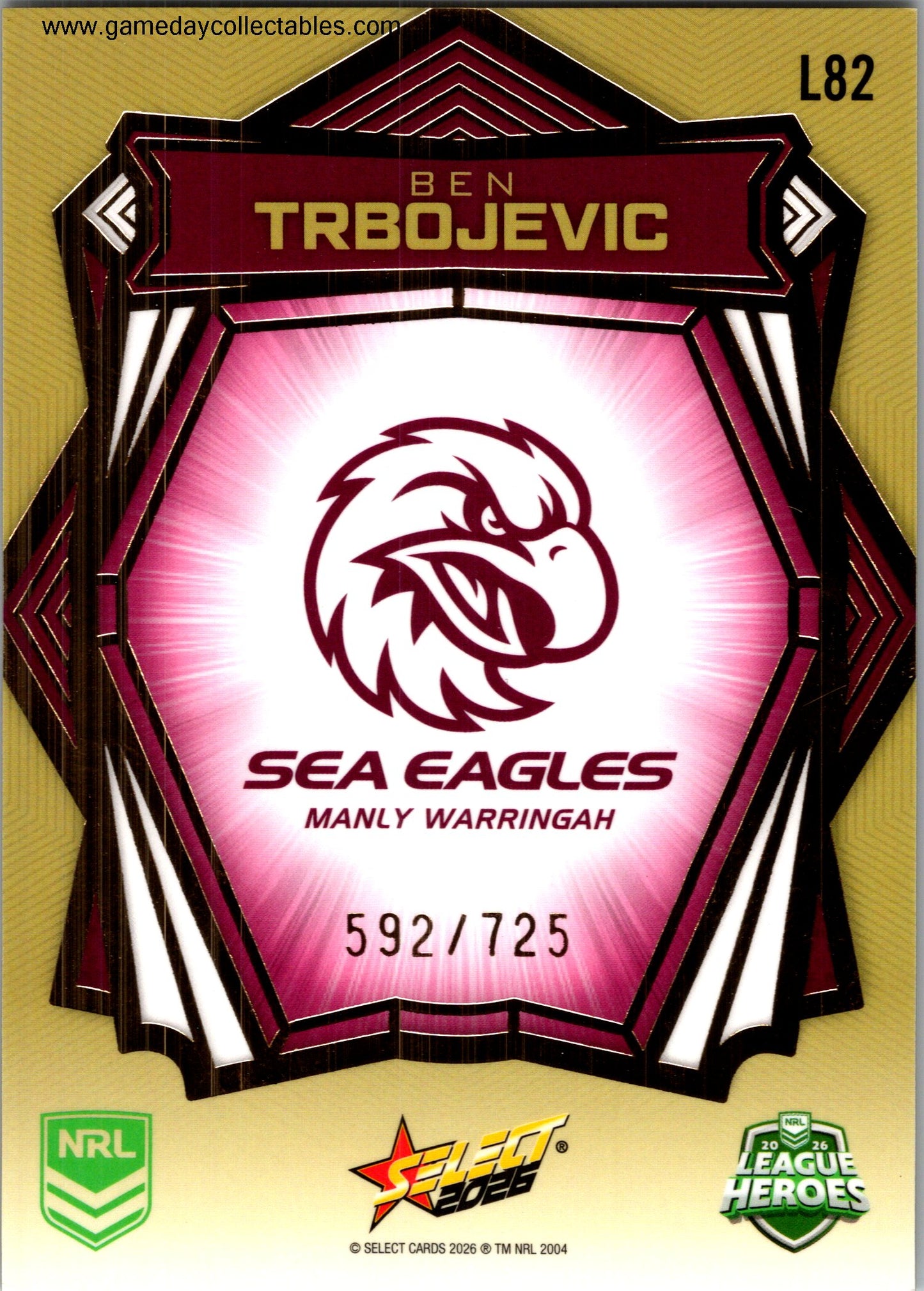 2026 NRL League Heroes Luminous Gold Back - L082 Ben Trbojevic - Manly Warringah Sea Eagles