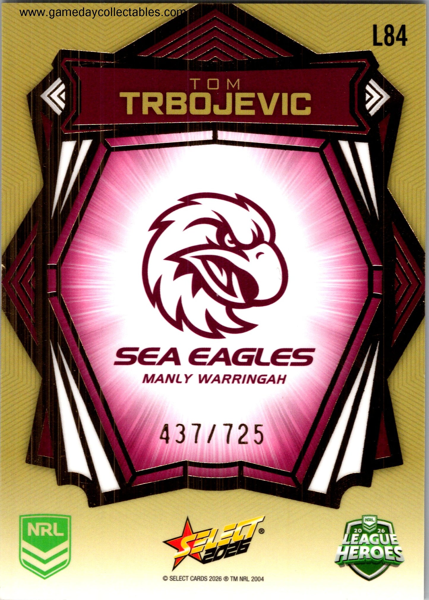 2026 NRL League Heroes Luminous Gold Back - L084 Tom Trbojevic - Manly Warringah Sea Eagles