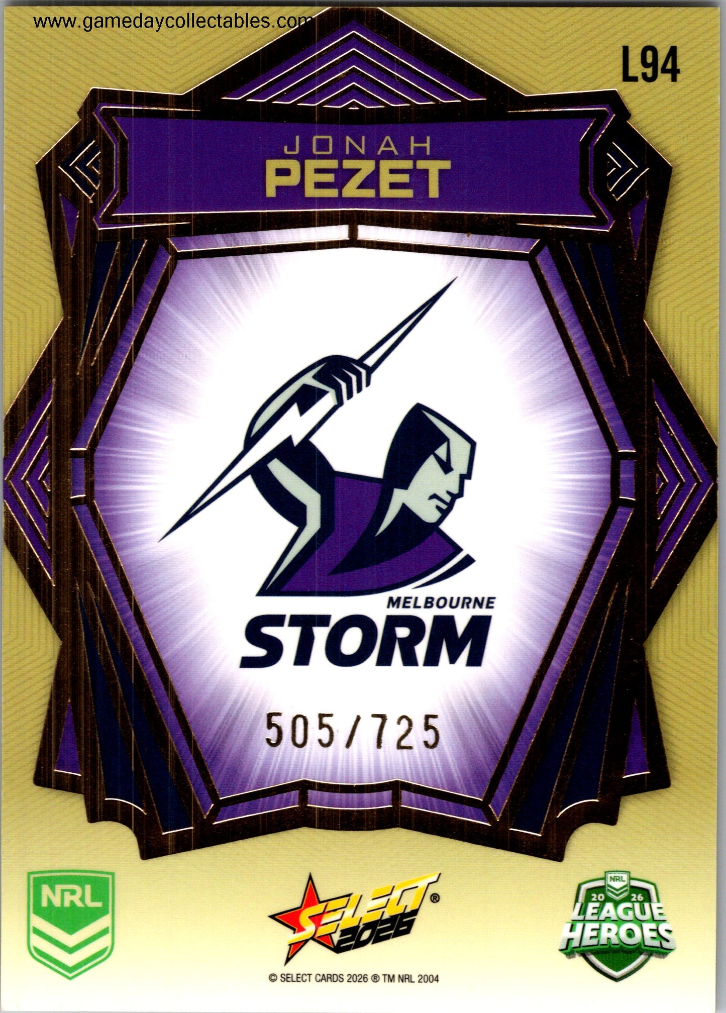 2026 NRL League Heroes Luminous Gold Back - L094 Jonah Pezet - Melbourne Storm
