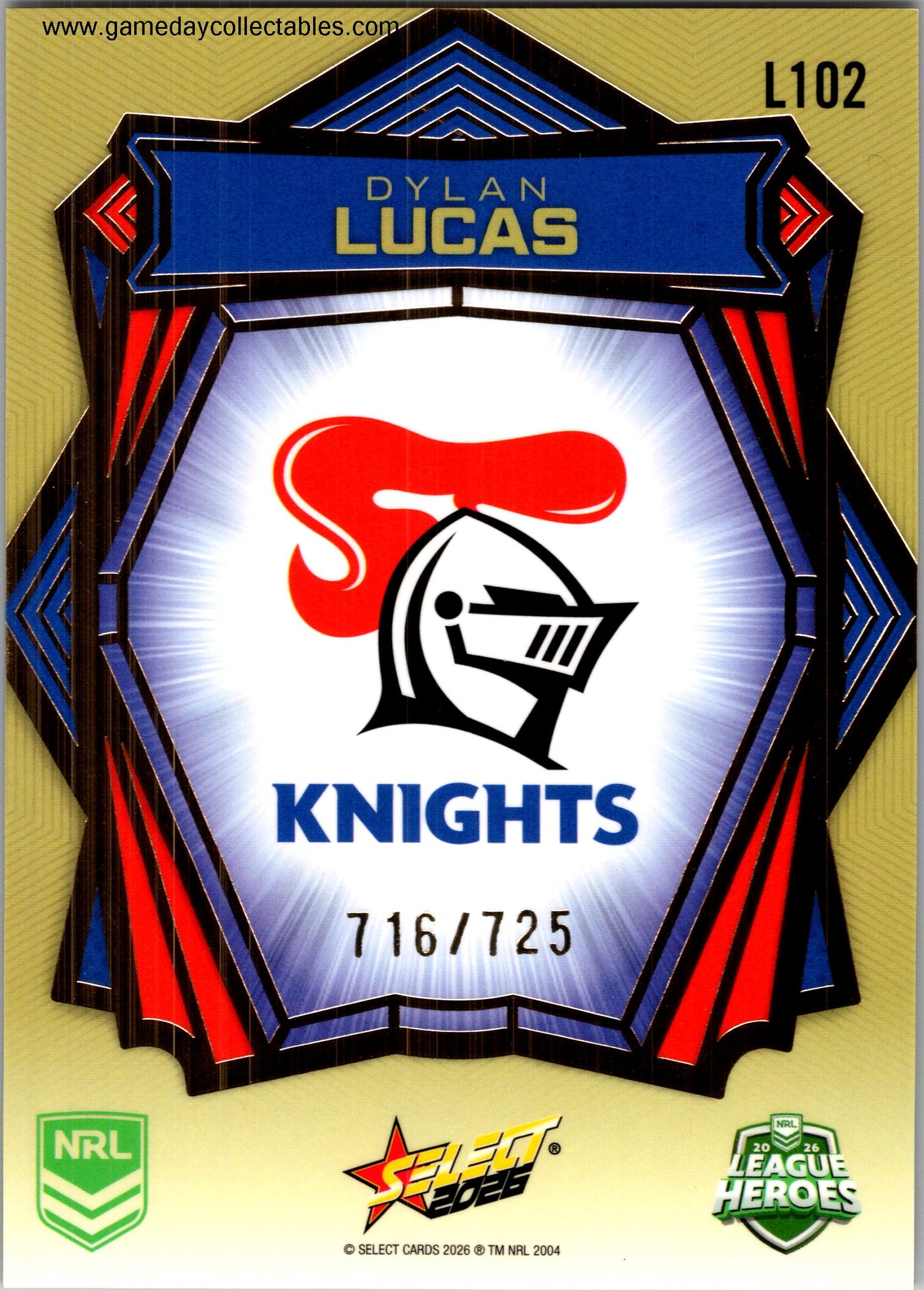 2026 NRL League Heroes Luminous Gold Back - L102 Dylan Lucas - Newcastle Knights