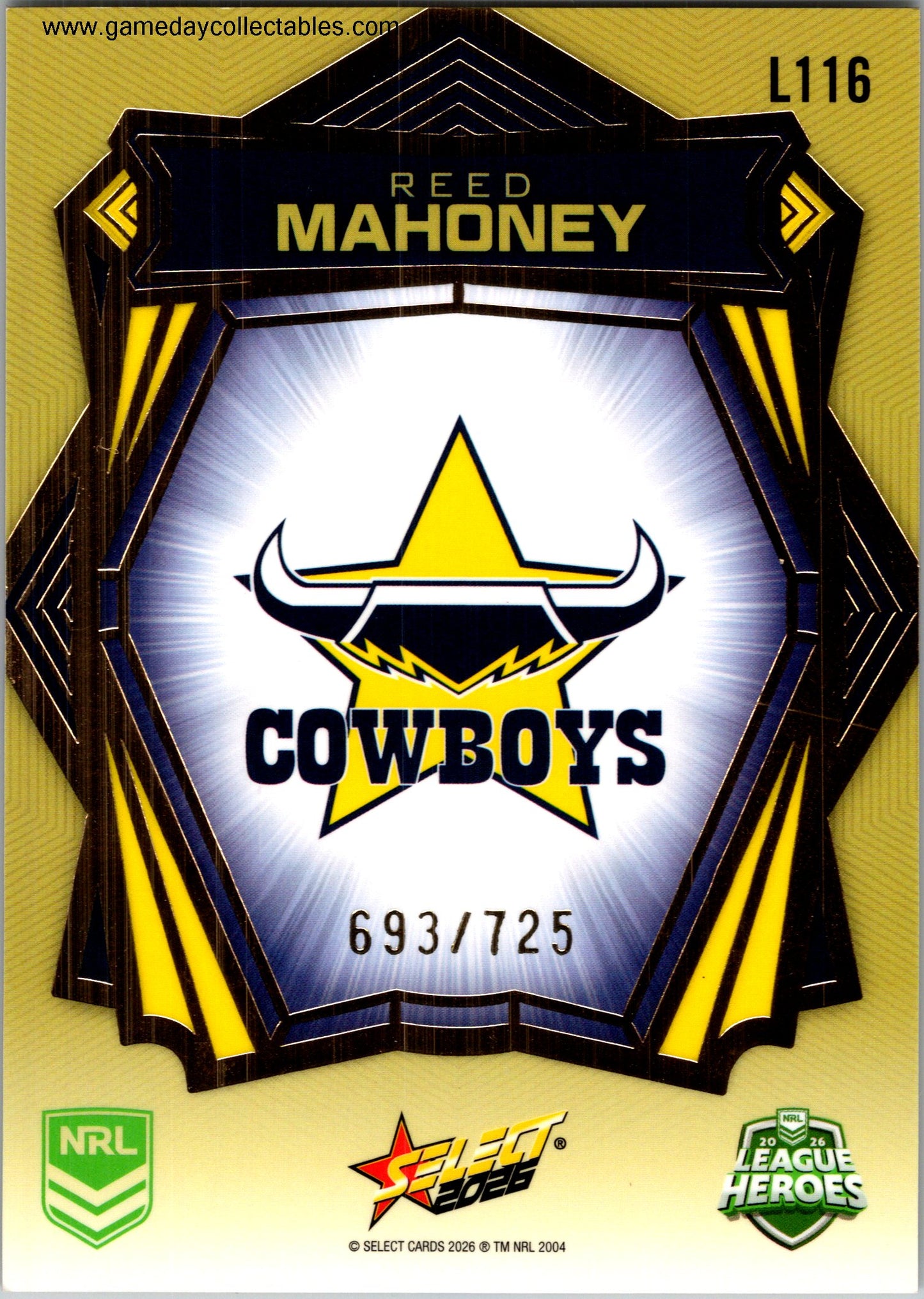 2026 NRL League Heroes Luminous Gold Back - L116 Reed Mahoney - North Queensland Cowboys