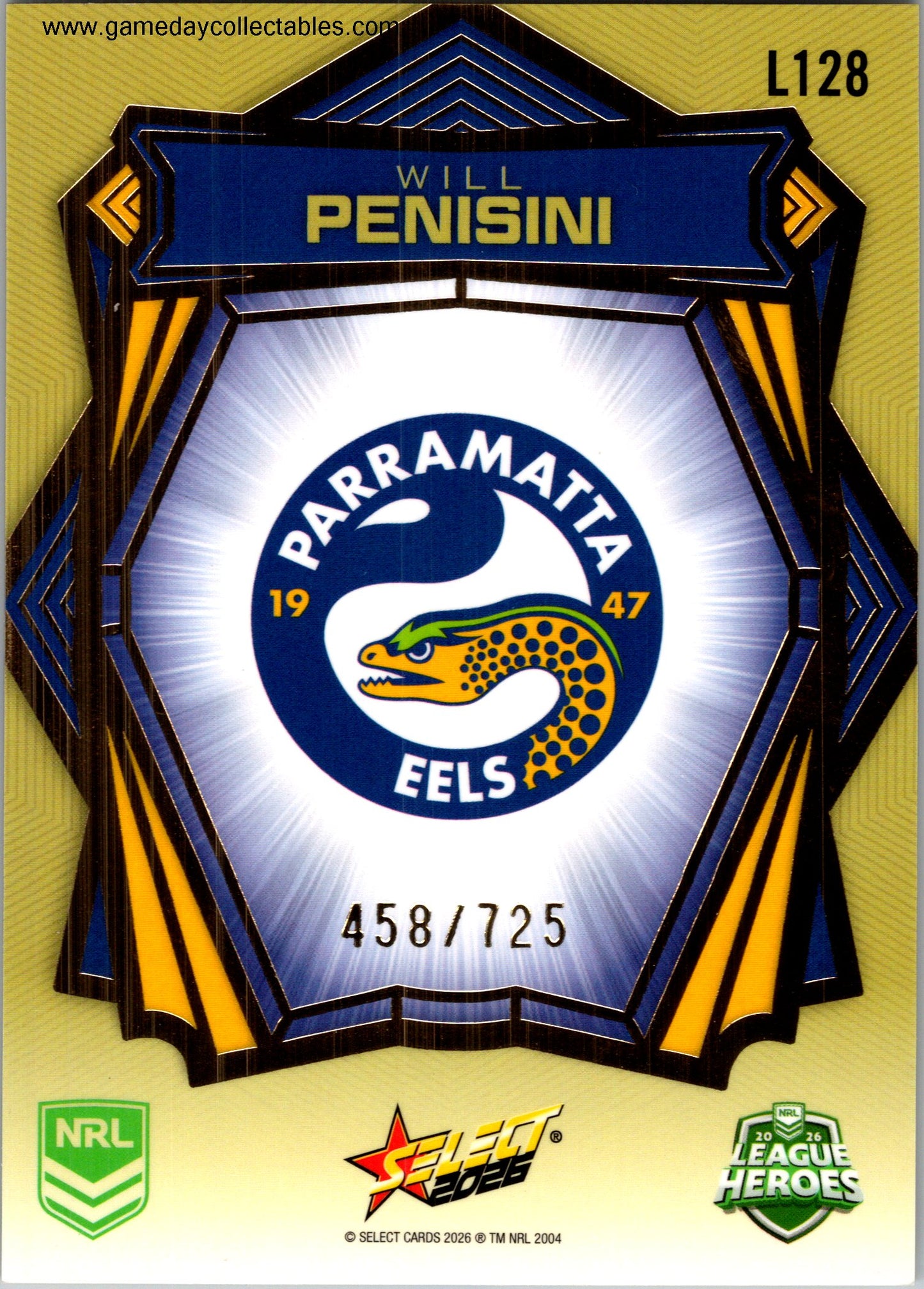 2026 NRL League Heroes Luminous Gold Back - L128 Will Penisini - Parramatta Eels