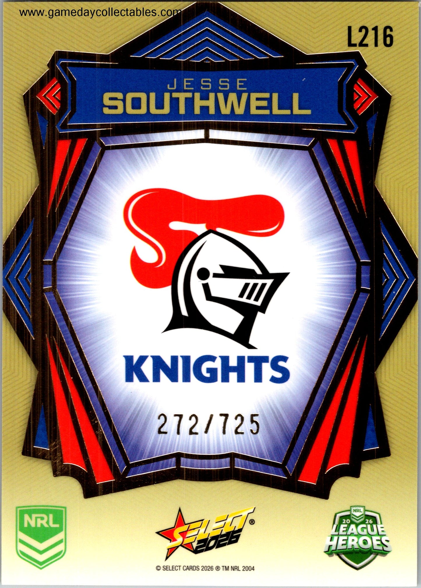 2026 NRL League Heroes Luminous Gold Back - L216 Jesse Southwell - Newcastle Knights