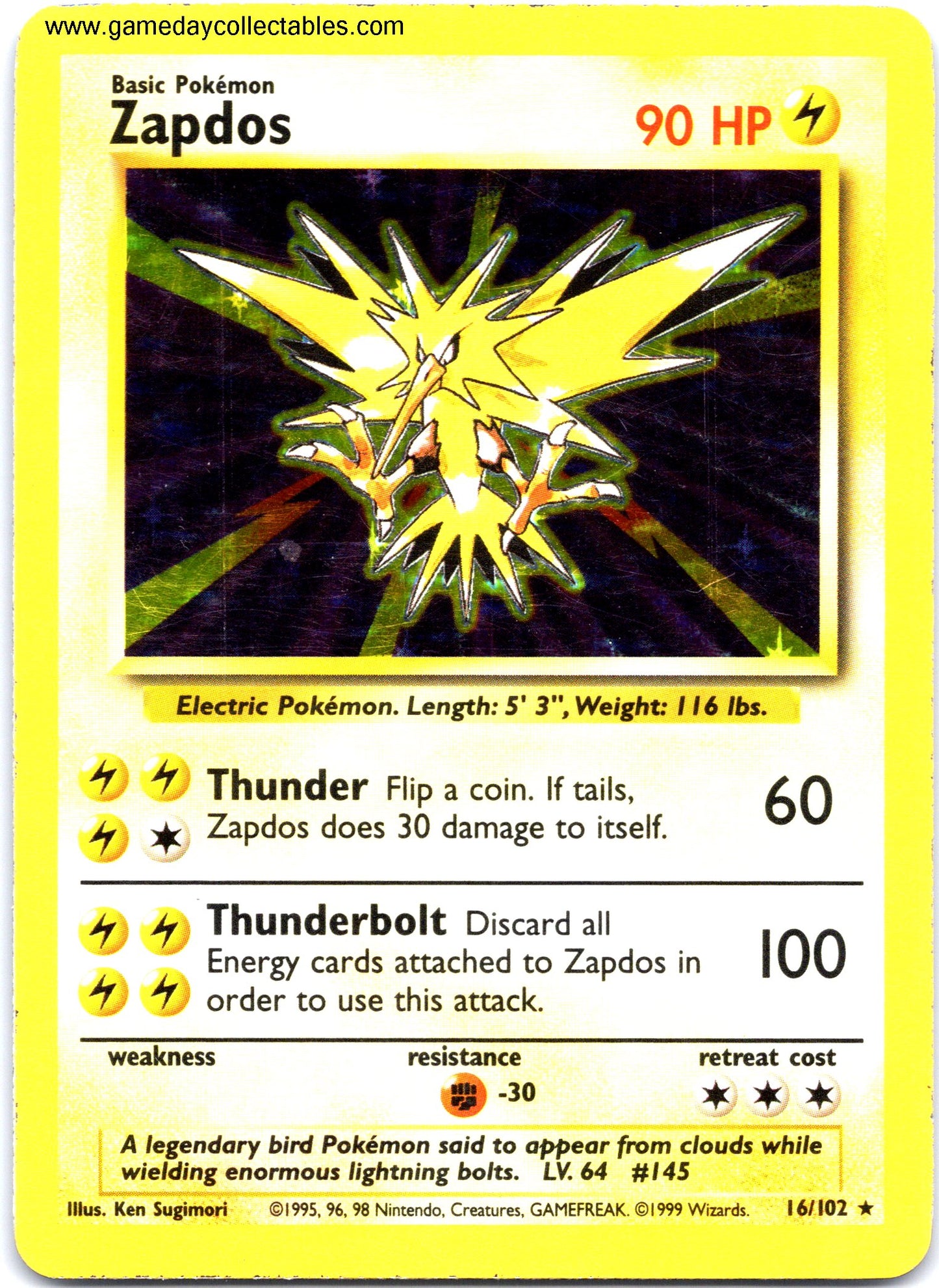 #016 Zapdos - Base Set - Holo Rare (Ungraded Near Mint)