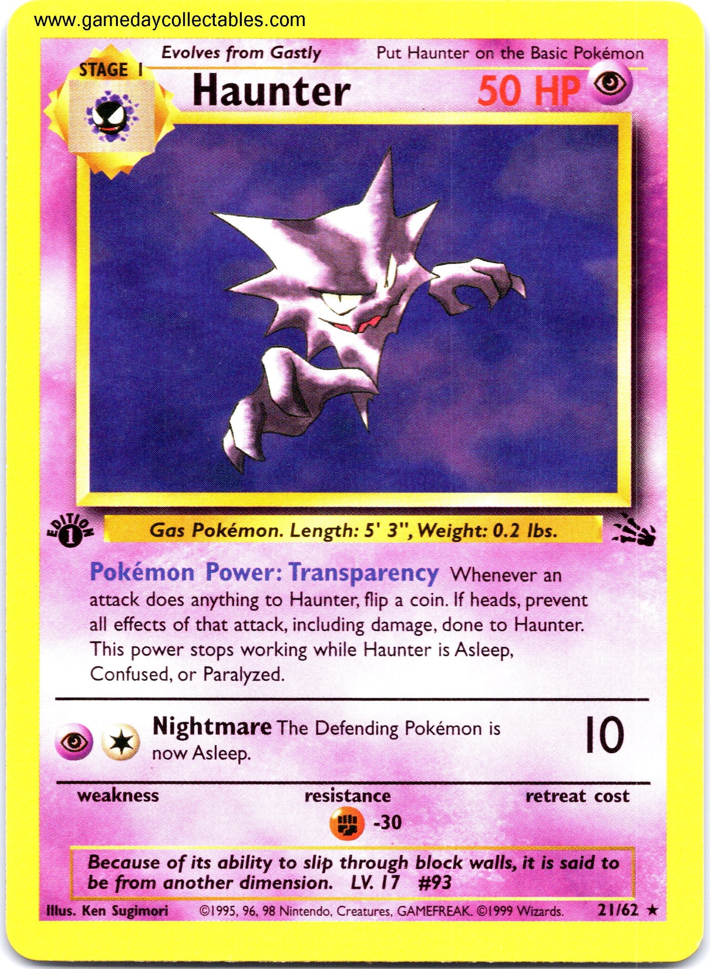 #21 Haunter - Fossil - 1st Ed Non Holo Rare (Ungraded Near Mint)