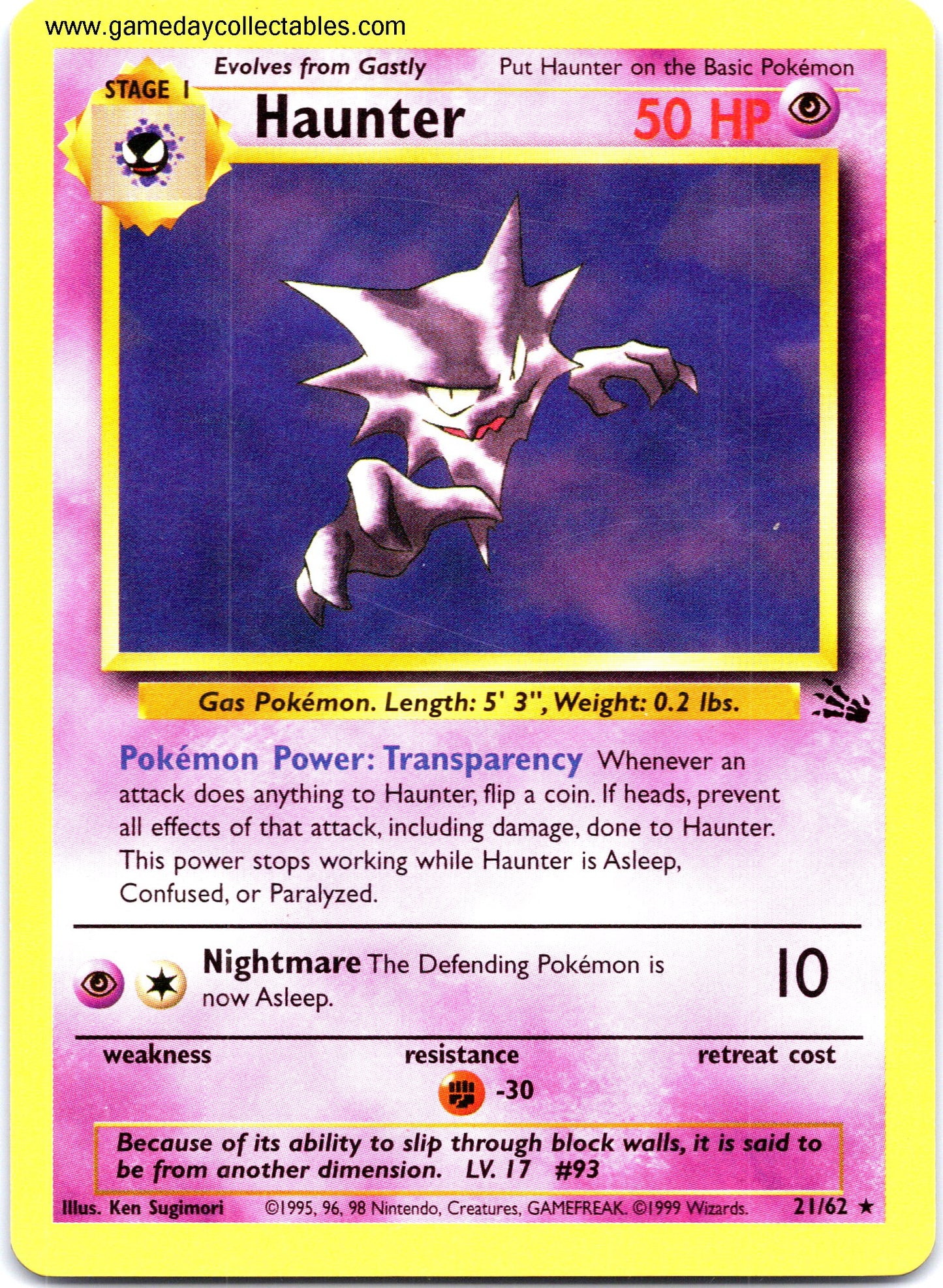 #21 Haunter - Fossil - Non Holo Rare (Ungraded Near Mint)