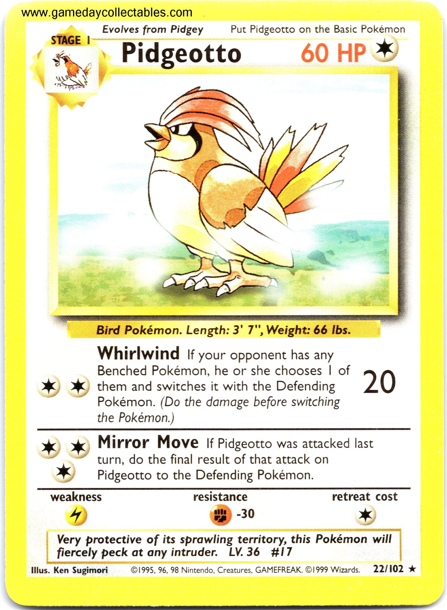 #022 Pidgeotto - Base Set - Non Holo Rare (Ungraded Near Mint)