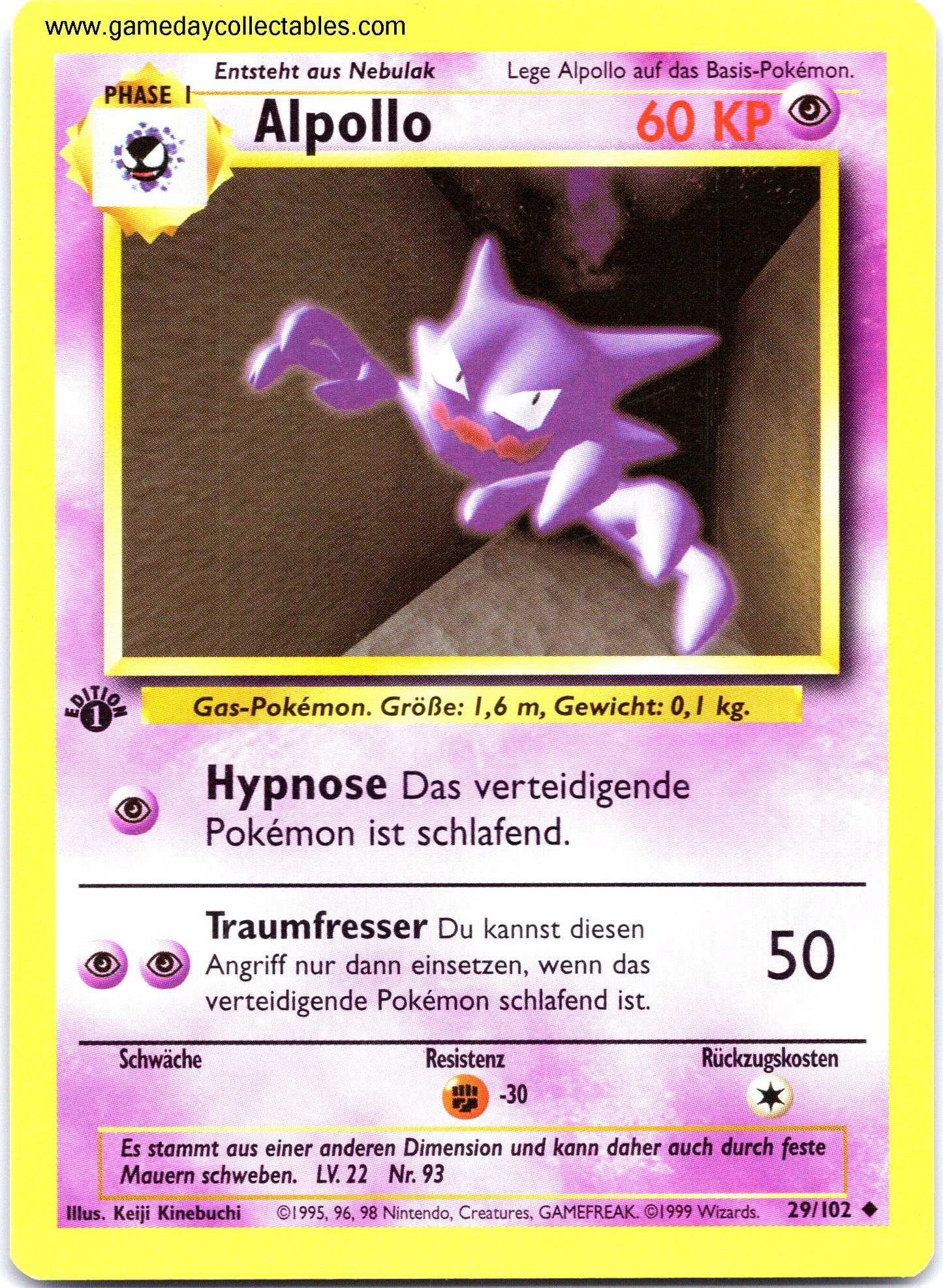 #029/102 Alpollo (Haunter) - Base Set (German) - 1st Ed Uncommon (Ungraded Near Mint)