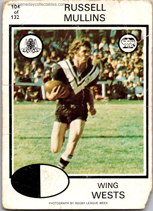 1975 SCANLENS - 104 Russell Mullins - Western Suburbs Magpies