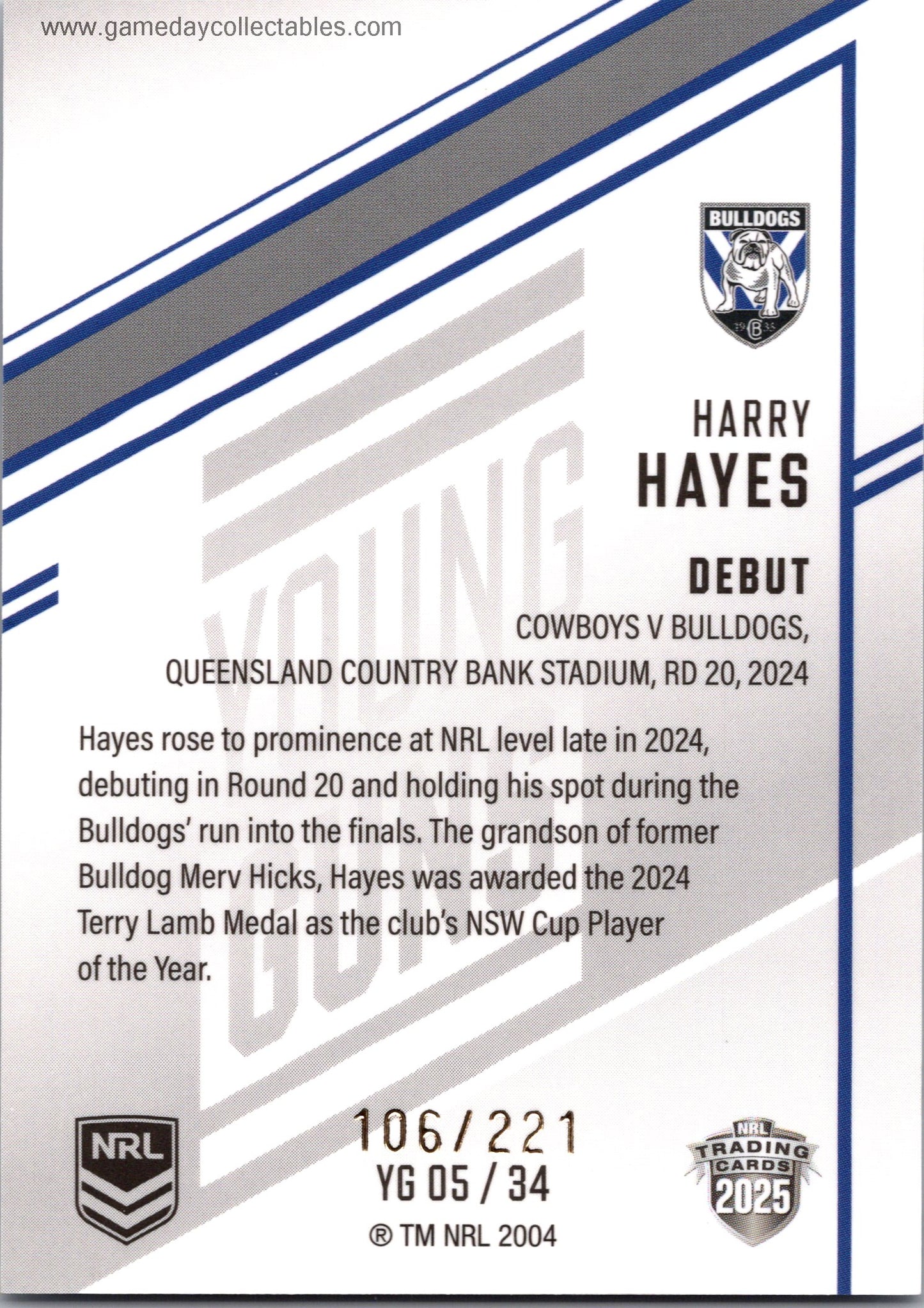 2025 NRL Elite Young Guns – YG05 Harry Hayes - Canterbury Bulldogs