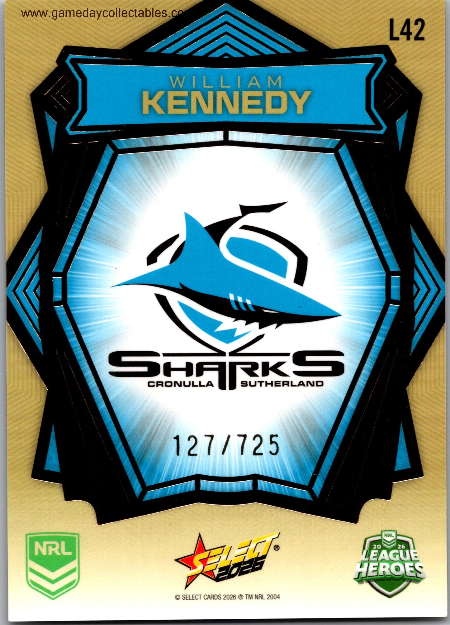 2026 NRL League Heroes Luminous Gold Back - L042 William Kennedy - Cronulla Sharks