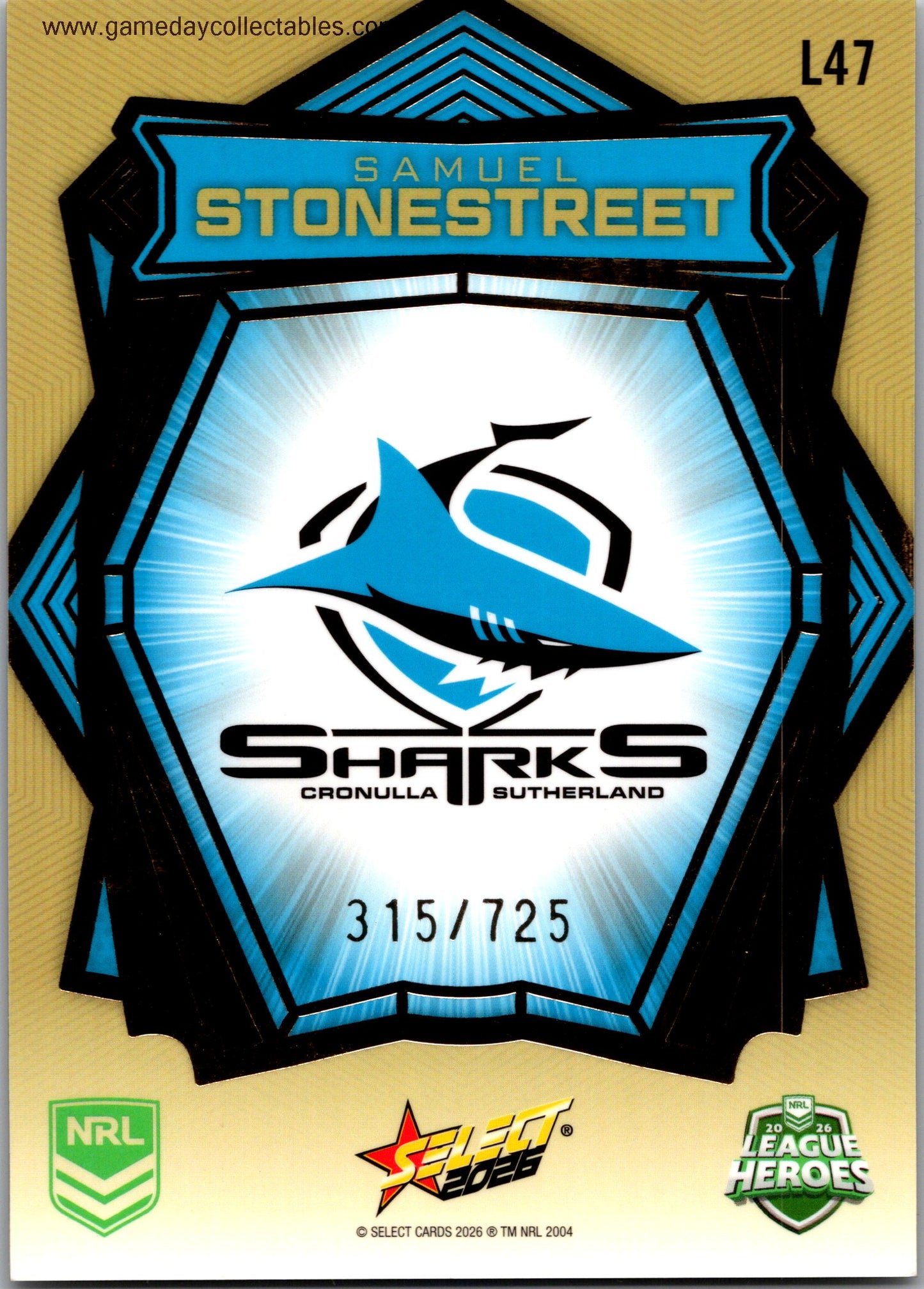 2026 NRL League Heroes Luminous Gold Back - L047 Samuel Stonestreet - Cronulla Sharks