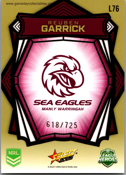 2026 NRL League Heroes Luminous Gold Back - L076 Reuben Garrick - Manly Warringah Sea Eagles