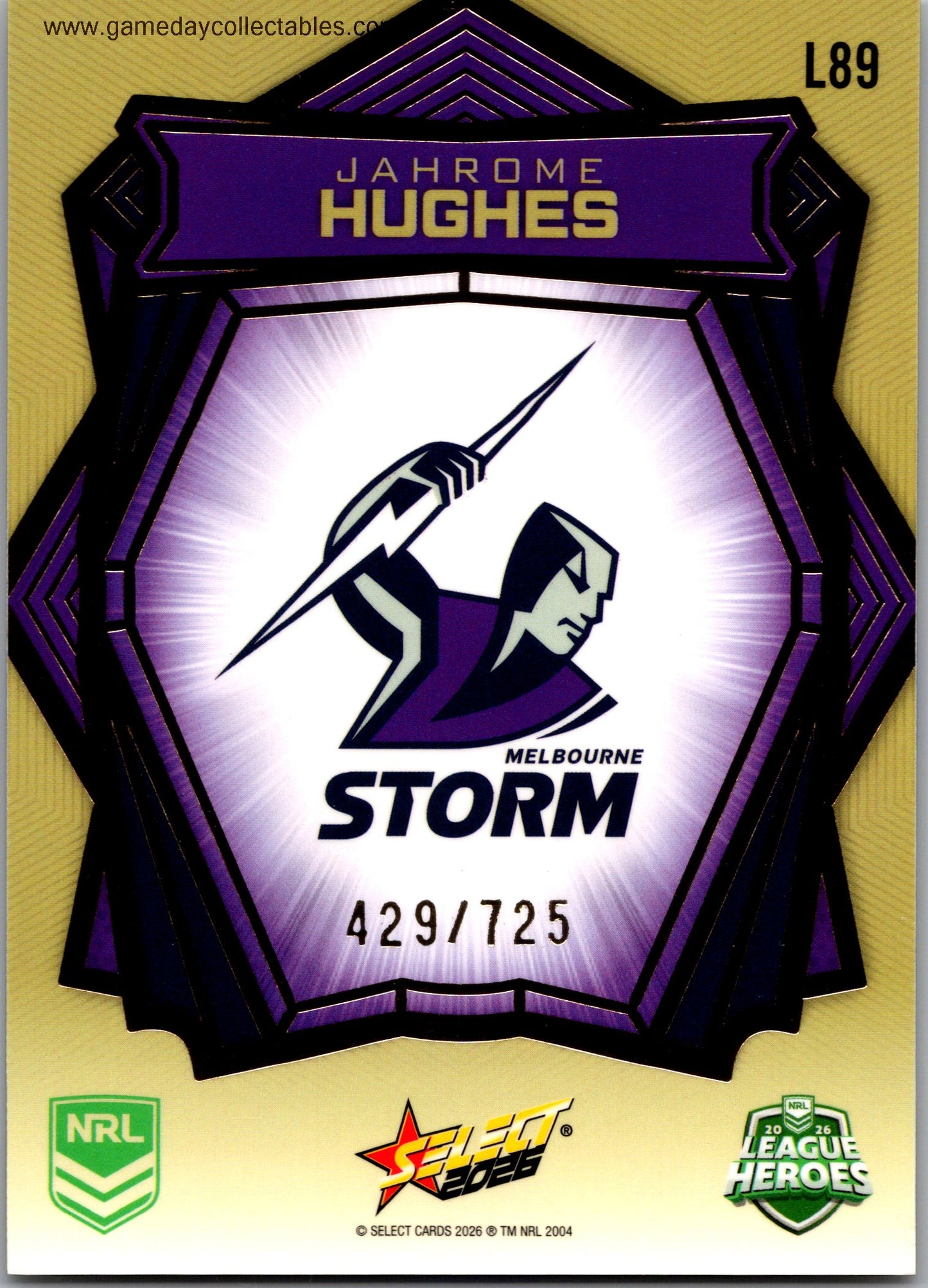 2026 NRL League Heroes Luminous Gold Back - L089 Jerome Hughes - Melbourne Storm
