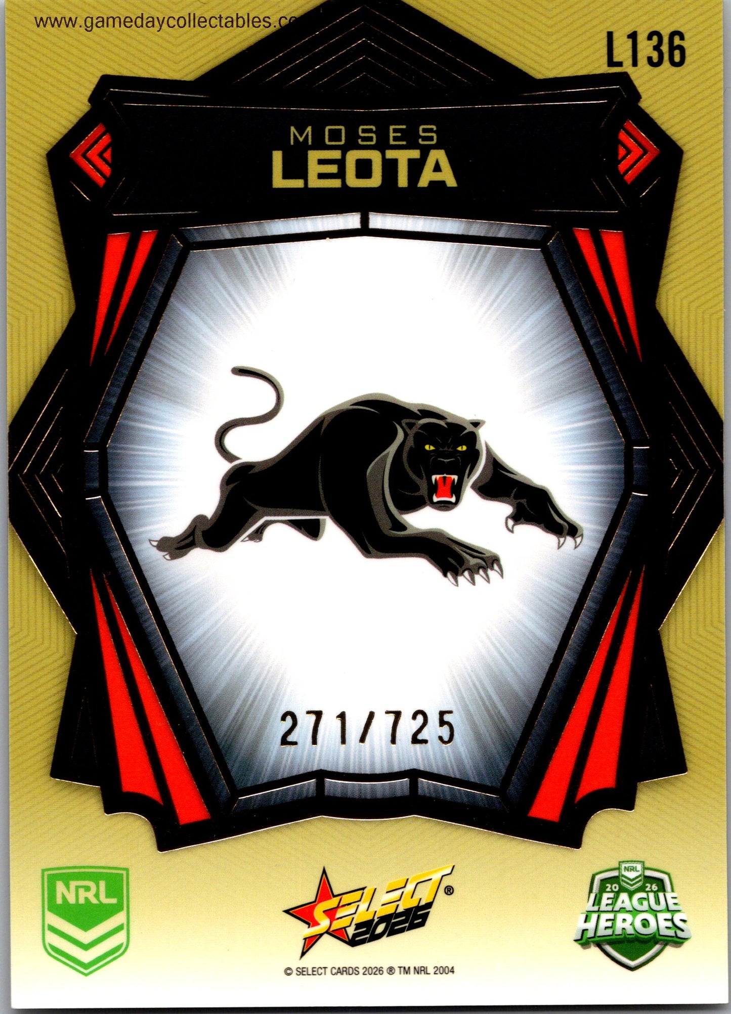 2026 NRL League Heroes Luminous Gold Back - L136 Moses Leota - Penrith Panthers