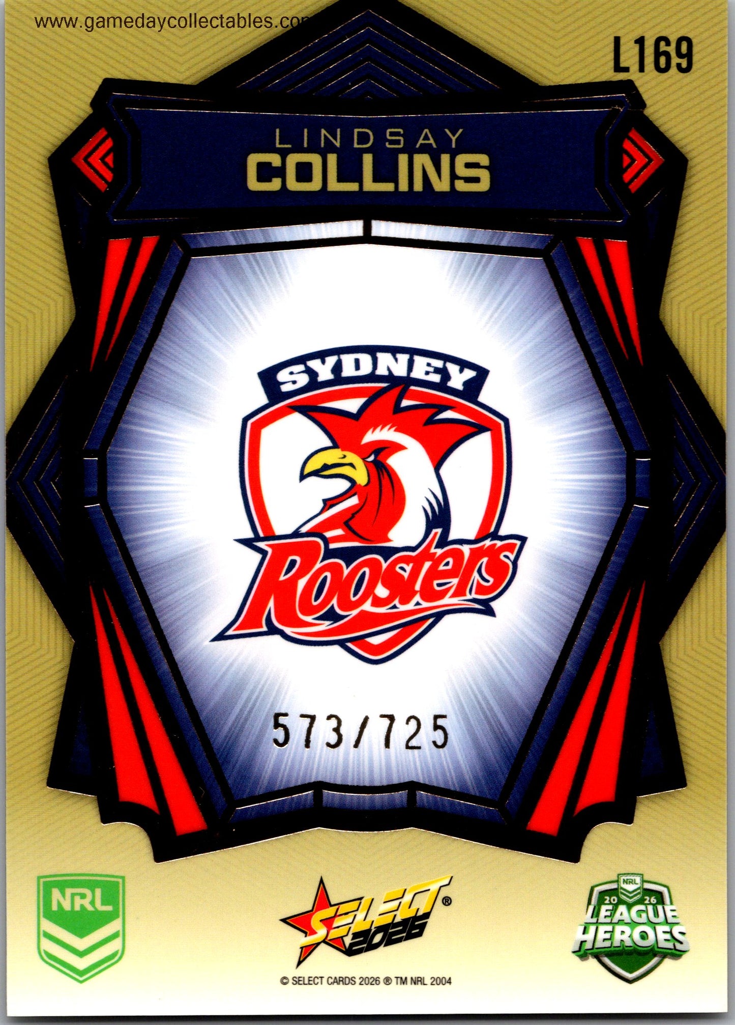 2026 NRL League Heroes Luminous Gold Back - L169 Lindsay Collins - Sydney Roosters