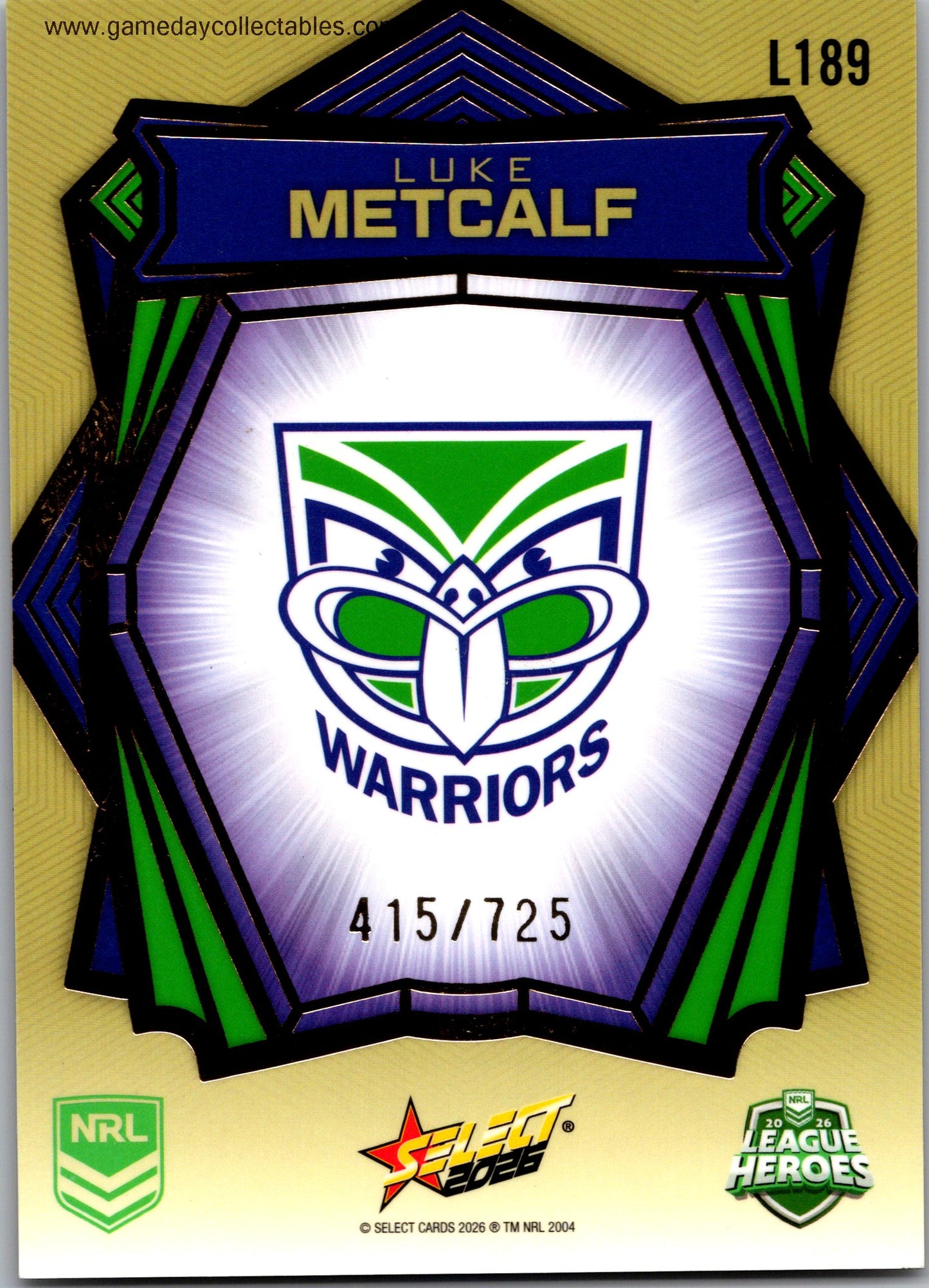 2026 NRL League Heroes Luminous Gold Back - L189 Luke Metcalf - Warriors