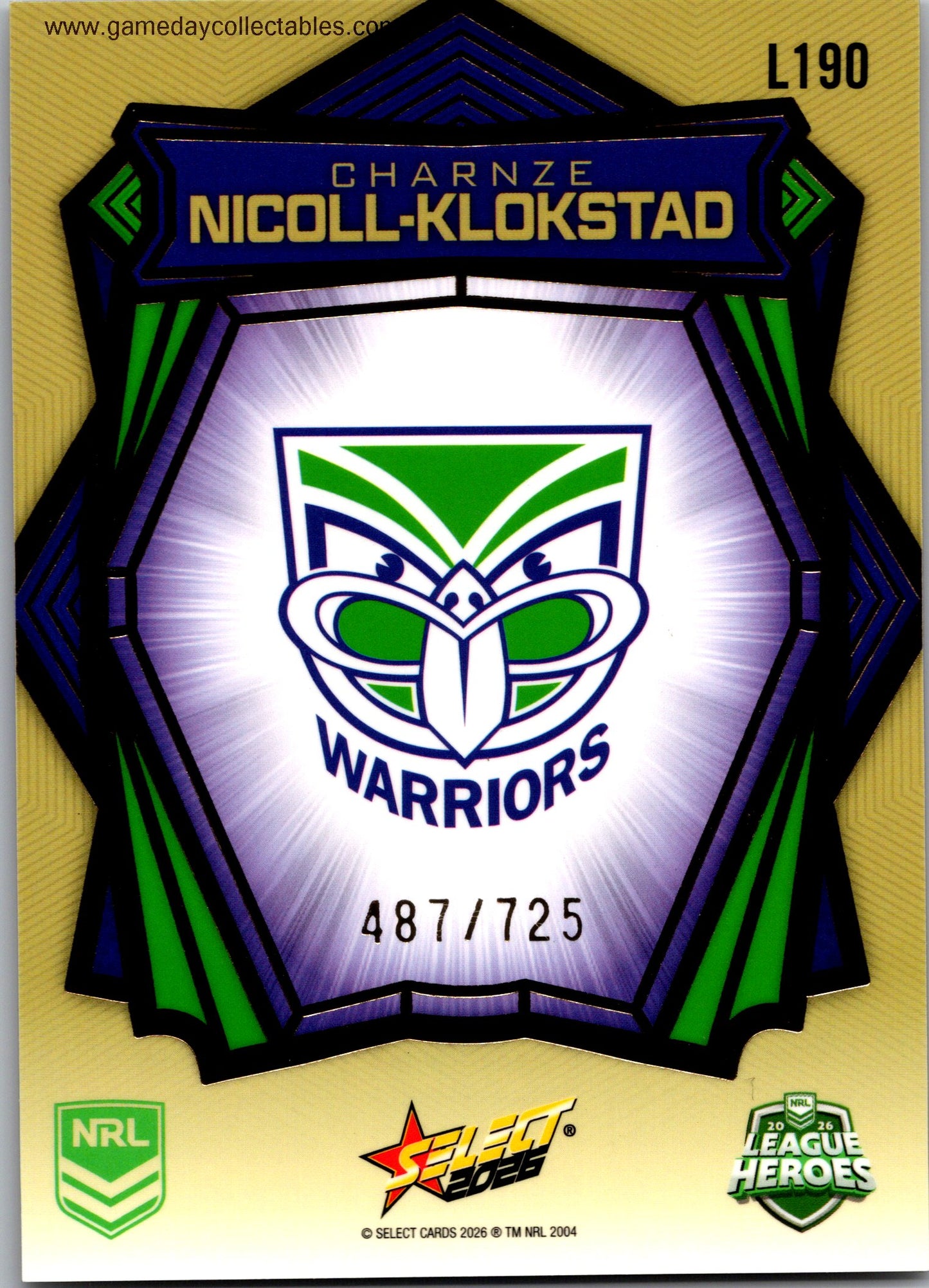 2026 NRL League Heroes Luminous Gold Back - L190 Charnze Nicoll-Klokstad - Warriors