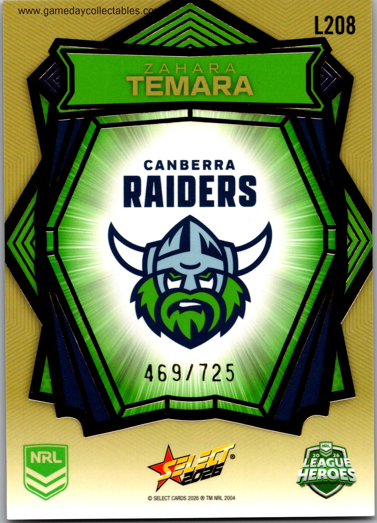 2026 NRL League Heroes Luminous Gold Back - L208 Zahara Temara - Canberra Raiders