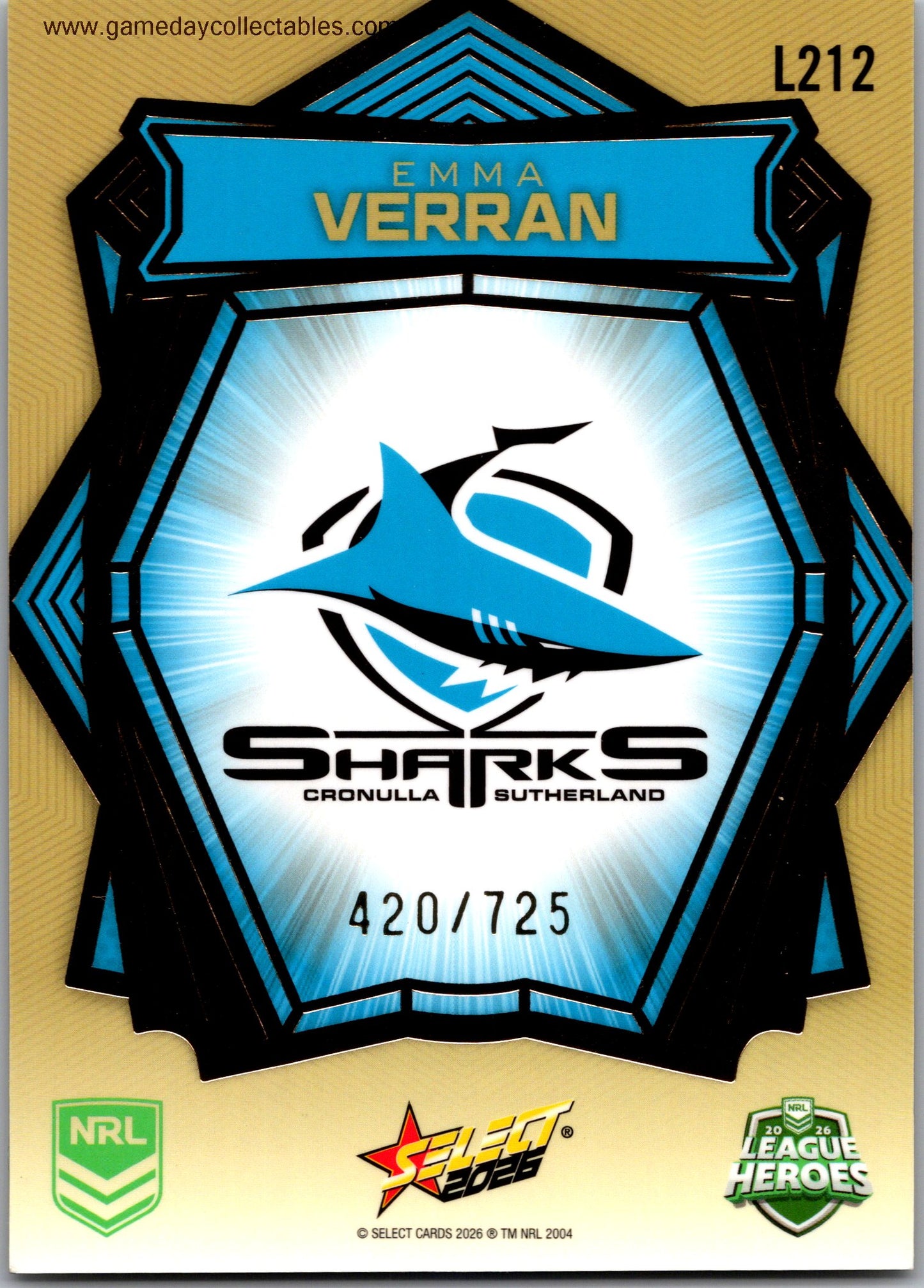 2026 NRL League Heroes Luminous Gold Back - L212 Emma Verran - Cronulla Sharks