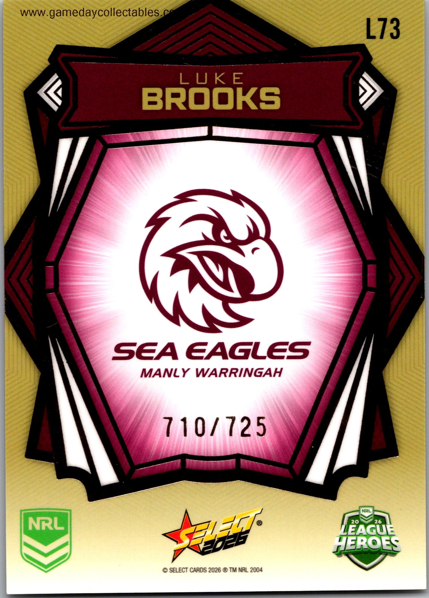 2026 NRL League Heroes Luminous Gold Back - L073 Luke Brooks - Manly Warringah Sea Eagles