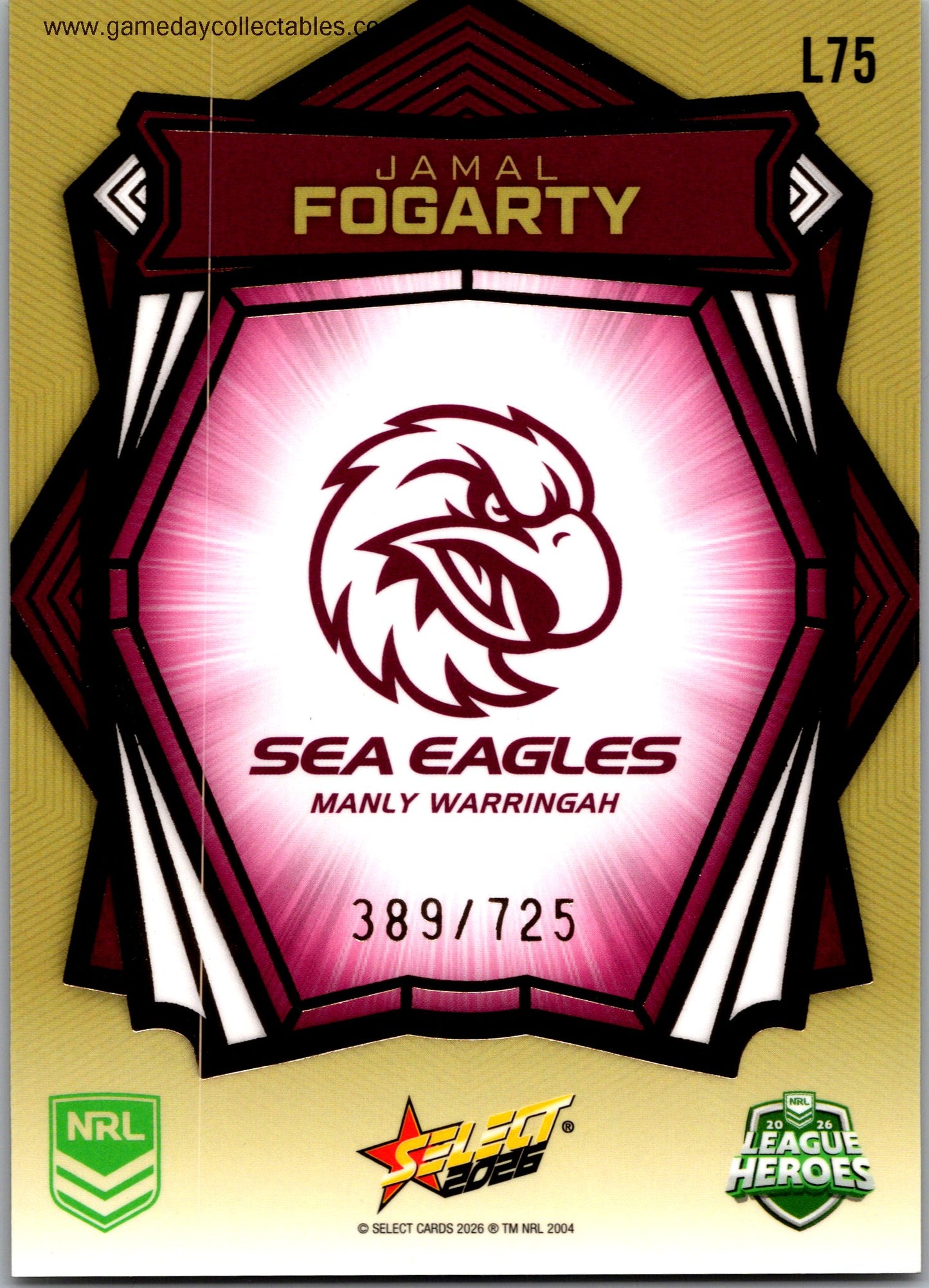 2026 NRL League Heroes Luminous Gold Back - L075 Jamal Fogerty - Manly Warringah Sea Eagles