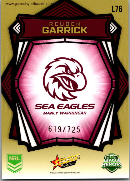 2026 NRL League Heroes Luminous Gold Back - L076 Reuben Garrick - Manly Warringah Sea Eagles